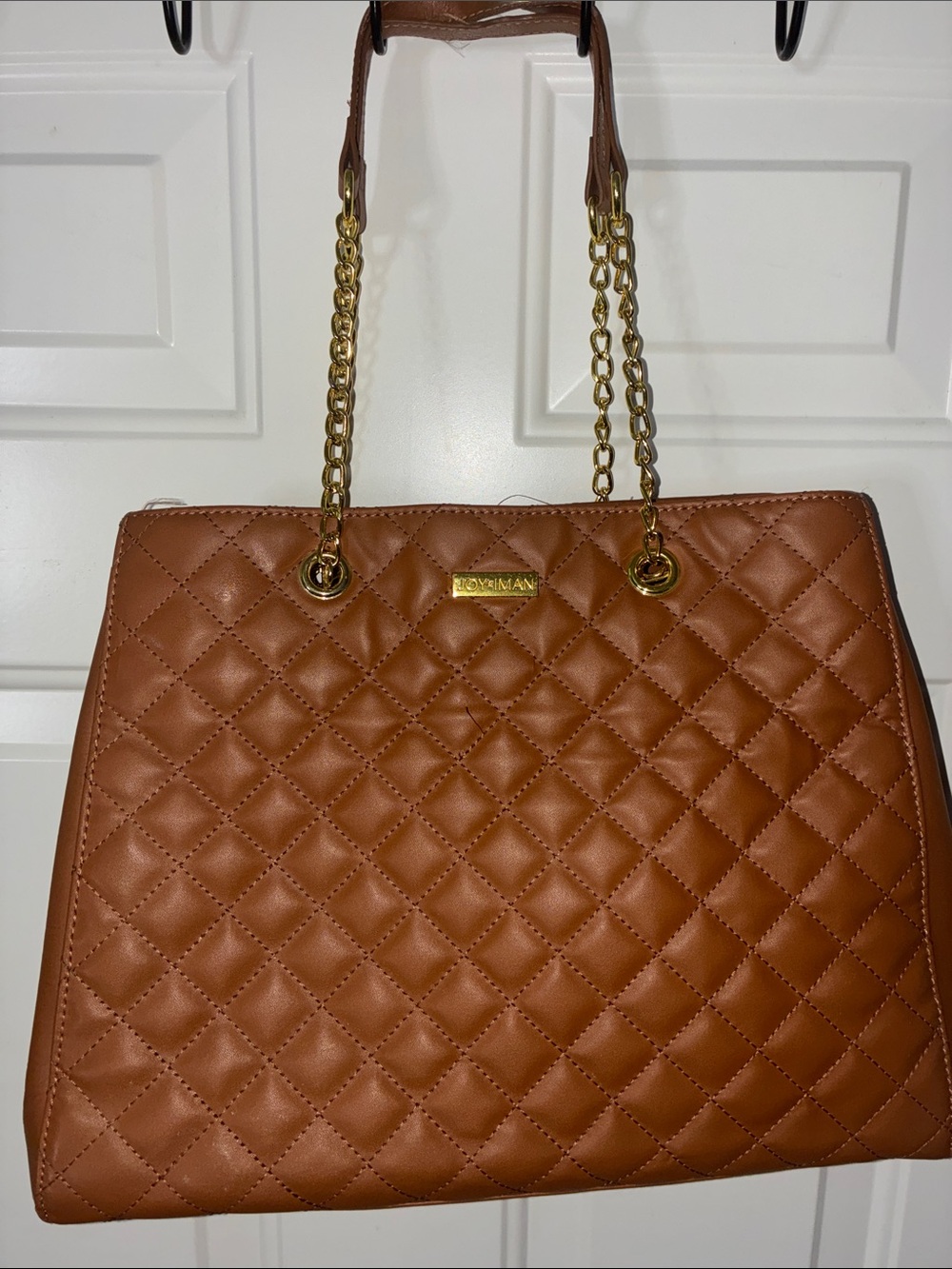 Love Quilted Tan Tote with Gold Chain Handles